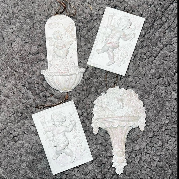 Vintage White Ornate Cherub Angel Pink Shimmer Gold String Set of Ornaments (4) - Picture 1 of 14
